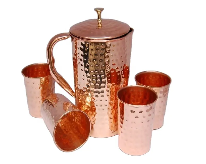 solid copper hammer pitcher for Vodka Whisky Brandy Rum, Copper hammer Jug With Small Glasses Manufactured in India