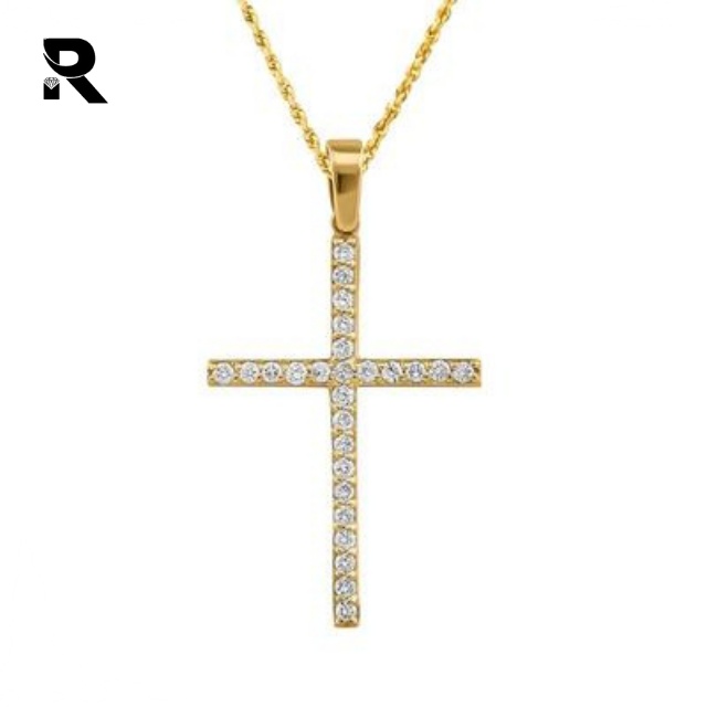 0.75 Ctw Round Shape Diamond Cross Pendant Charm In 14k Yellow Gold