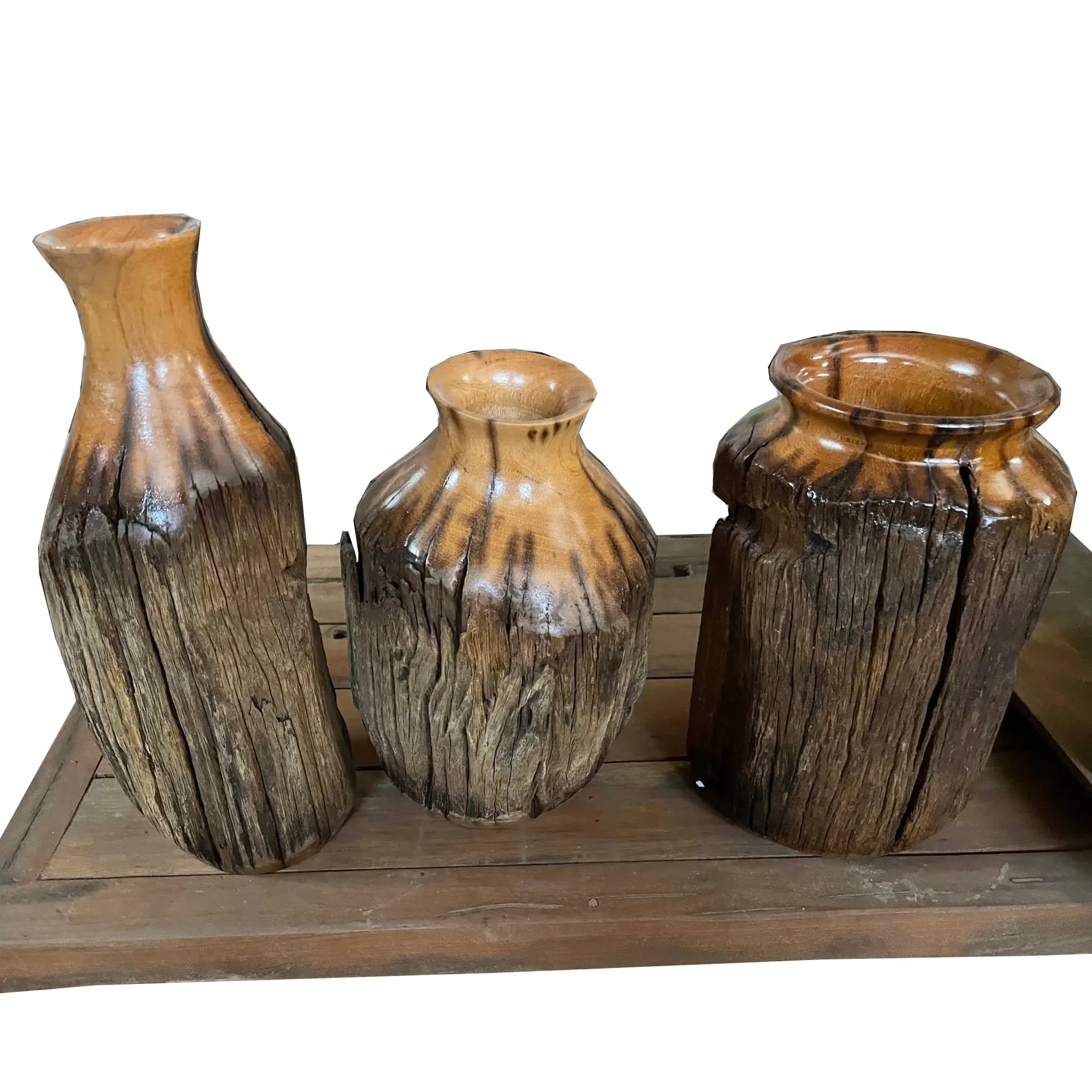Antique wooden vintage retro decorative solid wooden flower vases decorative handmade manufacturer from Vietnam