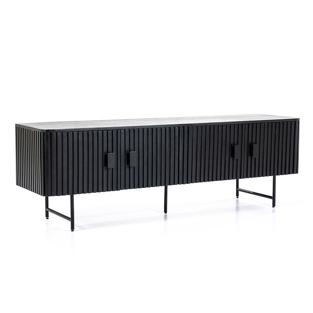 Black Luxury Premium Handcrafted Array 3D Style Solid Wooden Metal Frame Latest New Arrival Wide Media Console TV Stand Unit