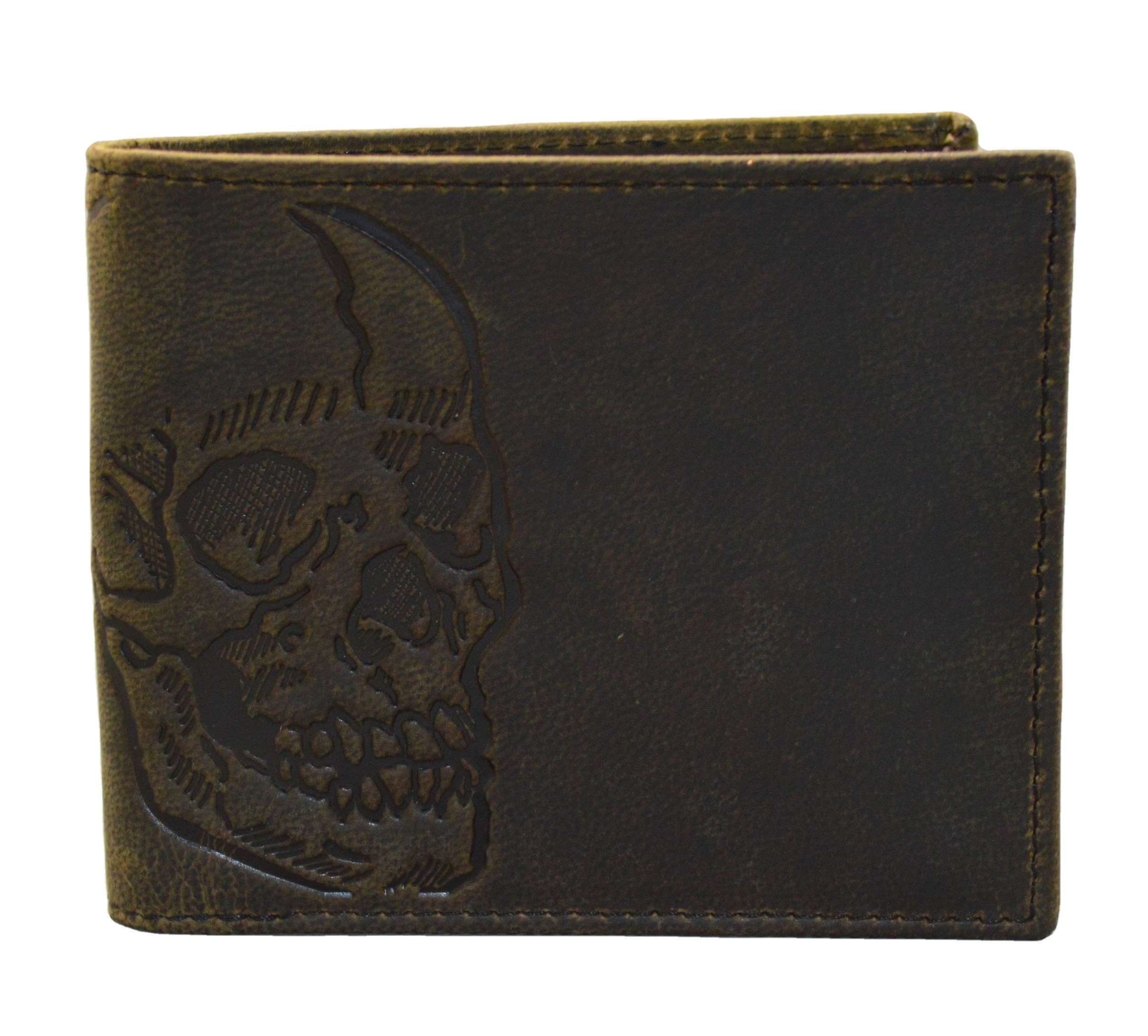 Super Premium Quality Natural Leather Antique Design Skull Wallet Double ID Bifold Full Grain Mens Leather Wallet with RFID