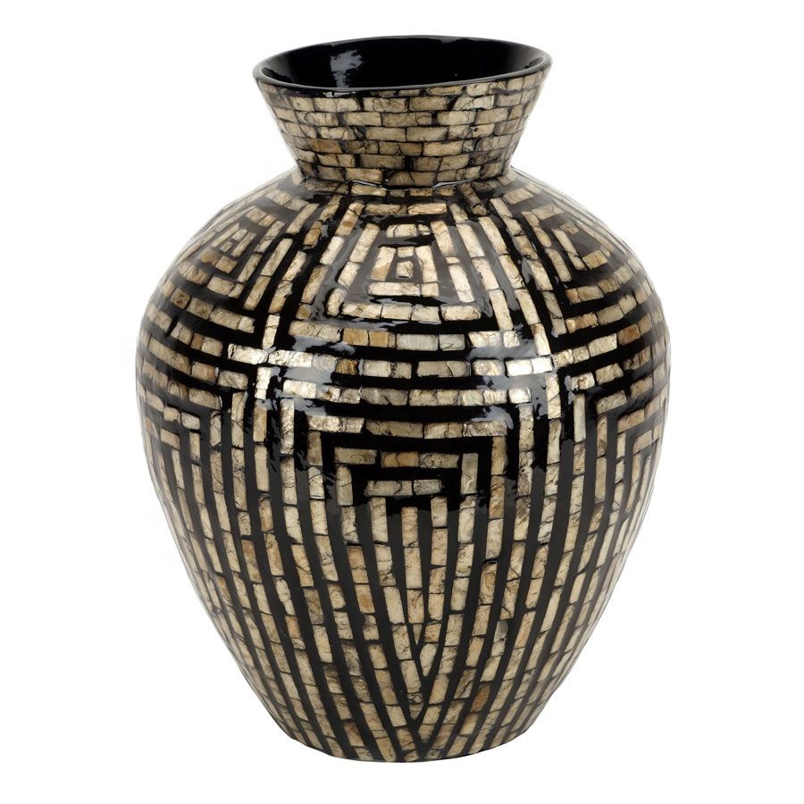 High end quality mother of pearl inlay vases decor black & gold capiz shell table vase for flower and home decoration