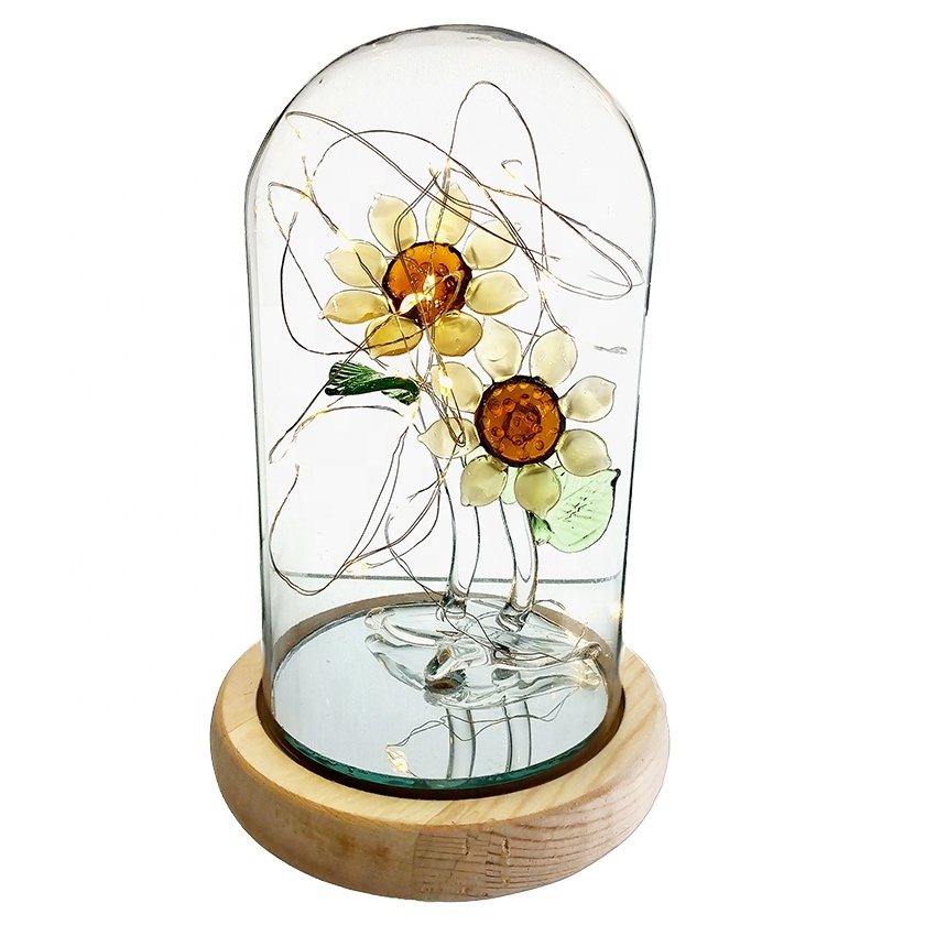Handmade Decorative Flowers Glass Figurine Sunflower Led Glass Dome Glass Flower