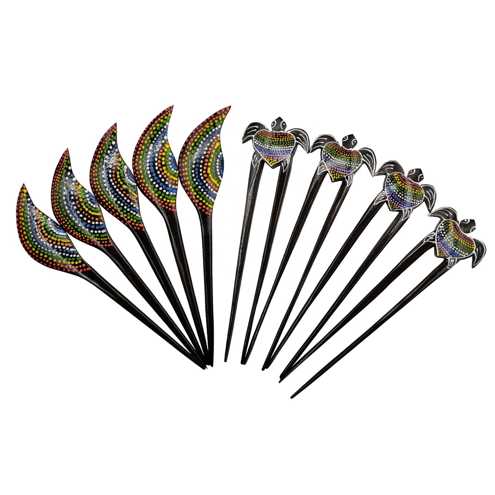 Handmade Wooden Black Leaf Turtle Multi color Polka Dot Painted Hair Stick Double Prongs For Women Accessories