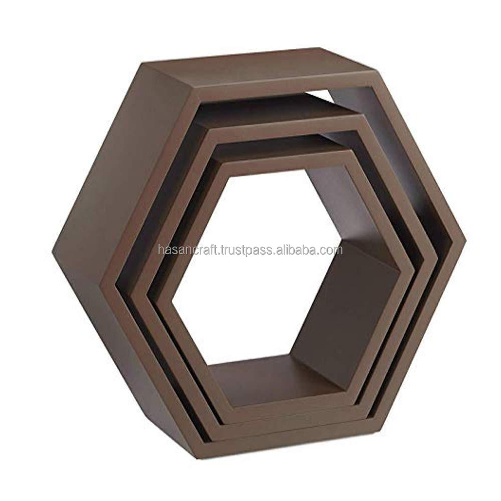 Hexagon floating shelves set of 3 Dark wood Living Room Furniture Home Furniture For Decoration Home Hotel & Restaurant