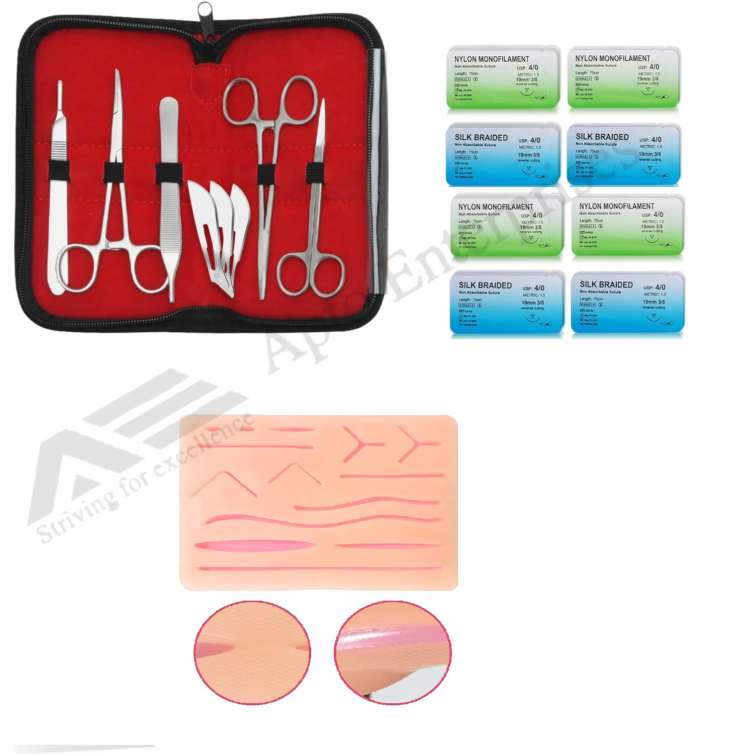 19 pieces Printed complete Suture practice kit for Future doctor with quality suture pad by Apto Enterprises