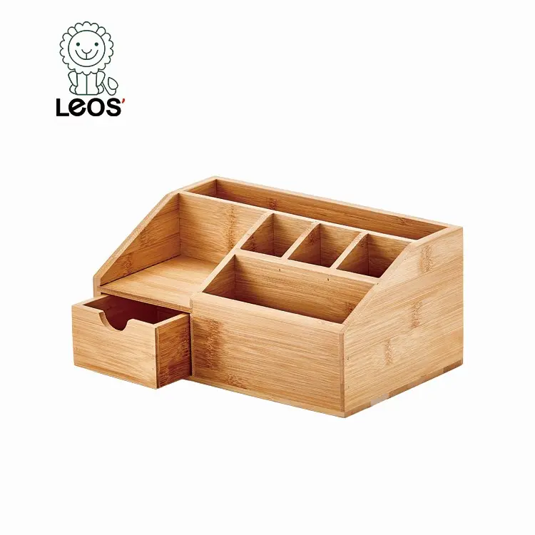 Multifunctional Bamboo Wood Pencil Holder with 6 Compartments and Drawer for Stationery