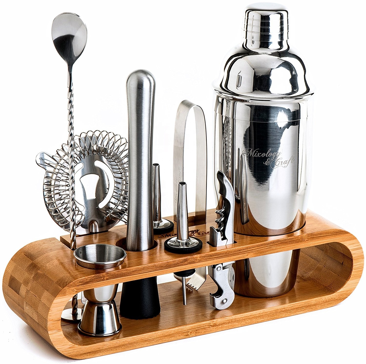 110 - 10-PIECE BAR SET COCKTAIL SHAKER SET WITH STYLISH WOODEN STAND