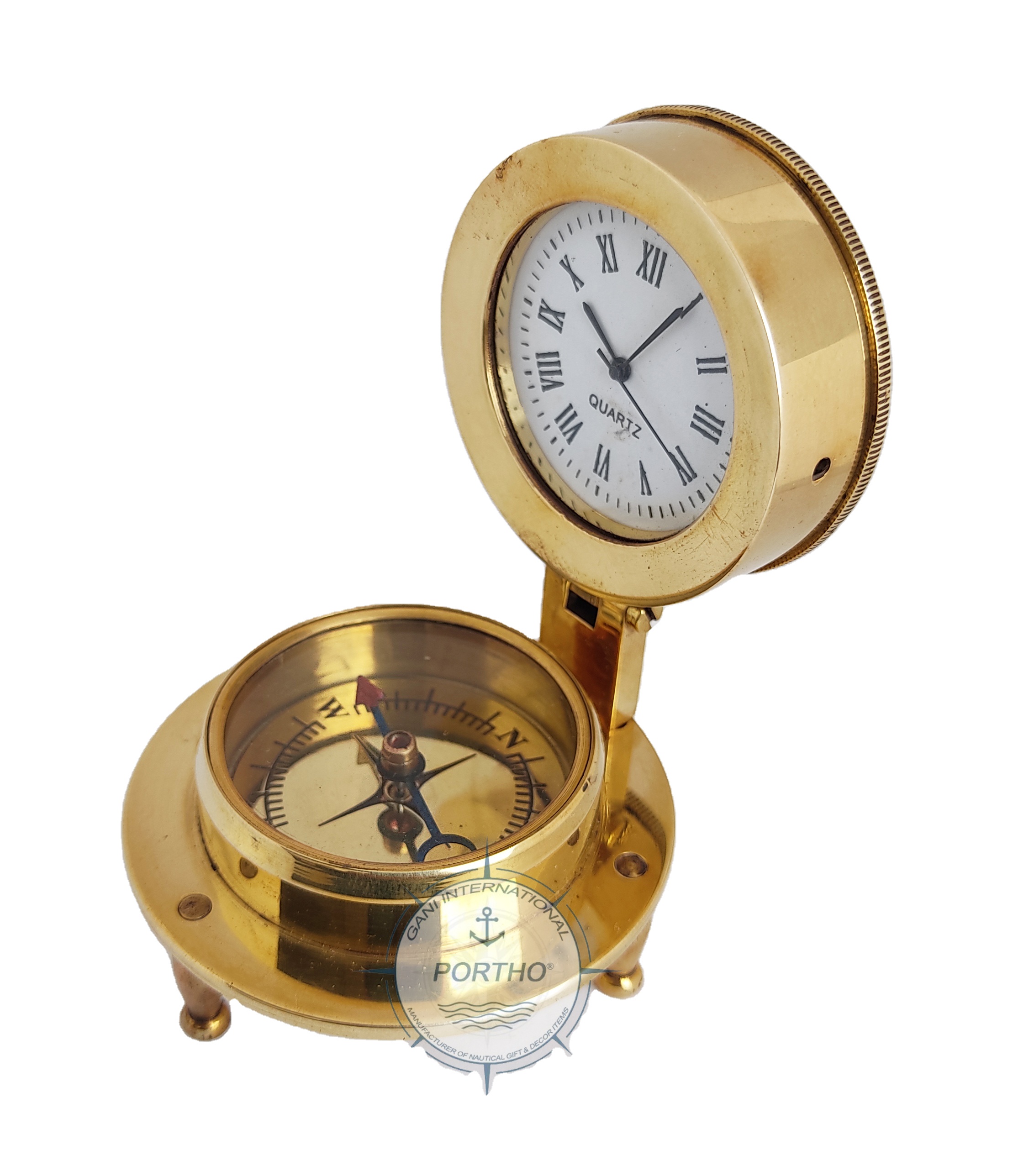 Vintage Brass Roman Numeral Desk Clock With Marine Compass Nautical Maritime Table Top Decor Gift