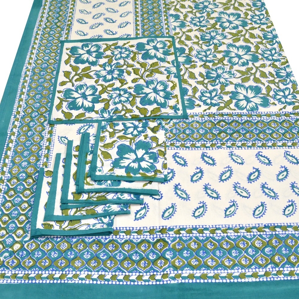 Hot Sale Cotton Rectangle Tablecloth With Fancy Printed Table Cloth With 6 Napkin For Dining Table Clothes In Stock Block Print