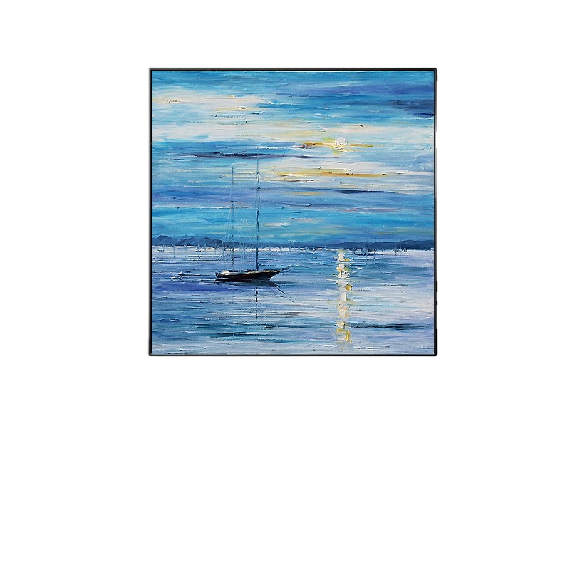 Nordic Blue Marine Boat Decorative Hand Painting Porch Painting Vertical Post-Modern Minimalist Style 20X20inch/50X50cm