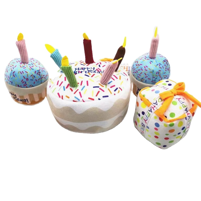 Hot sale squeaky stuffed pet toy happy birthday dog toy plush cake candle bone dog toys