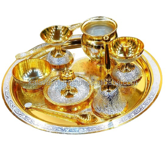 Brass Pooja Thali in Gold and Silver Finish with valvet gift box