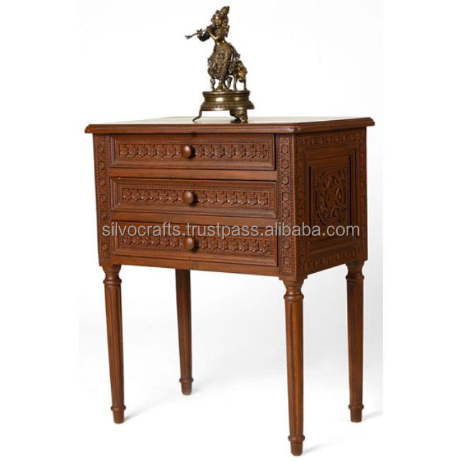 Wooden Carved Pedestal Table With Drawers (Carved furniture from India)