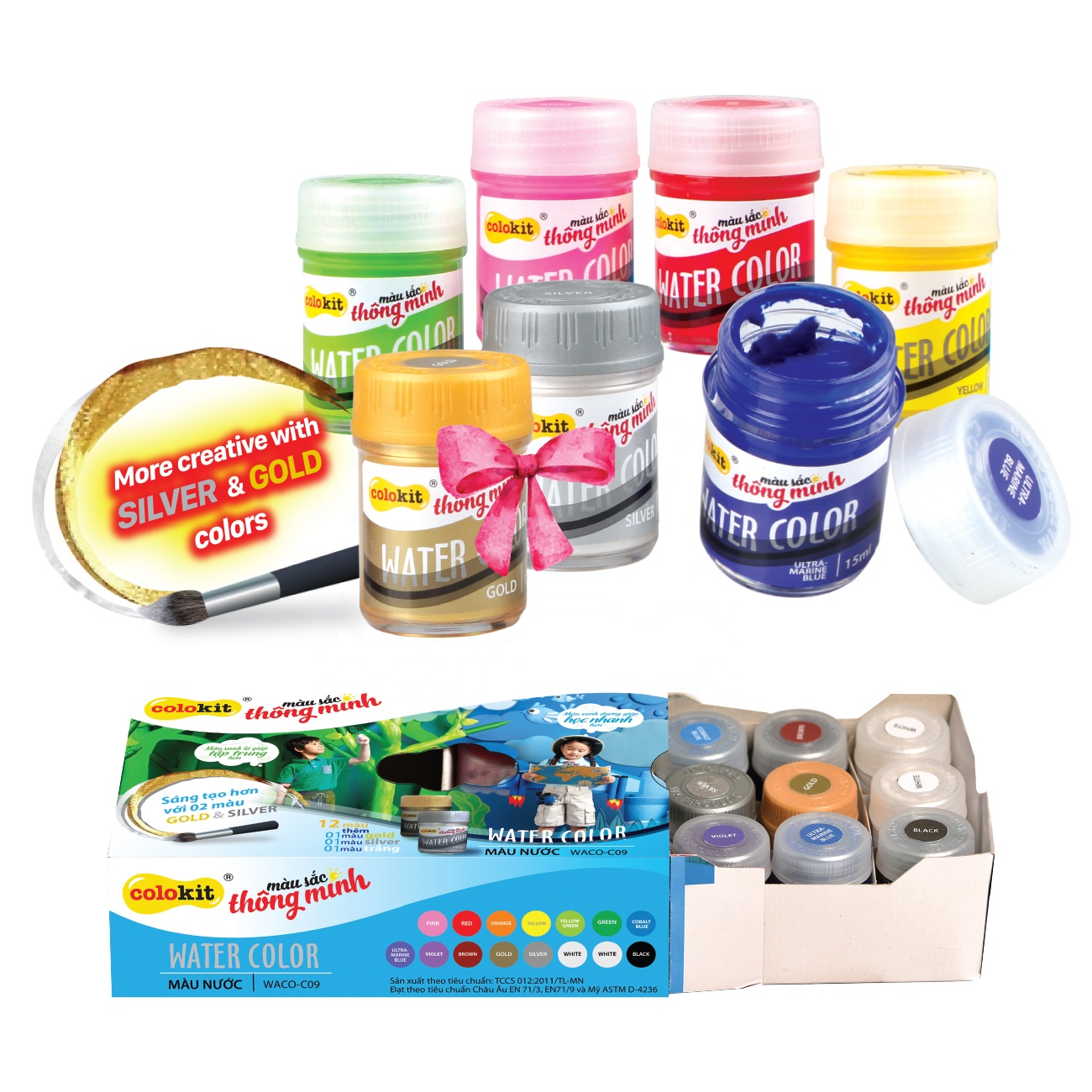 High Quality Kids Art Supplies Watercolor WACO-C09 With 15 Colors In Convenient Paper Box