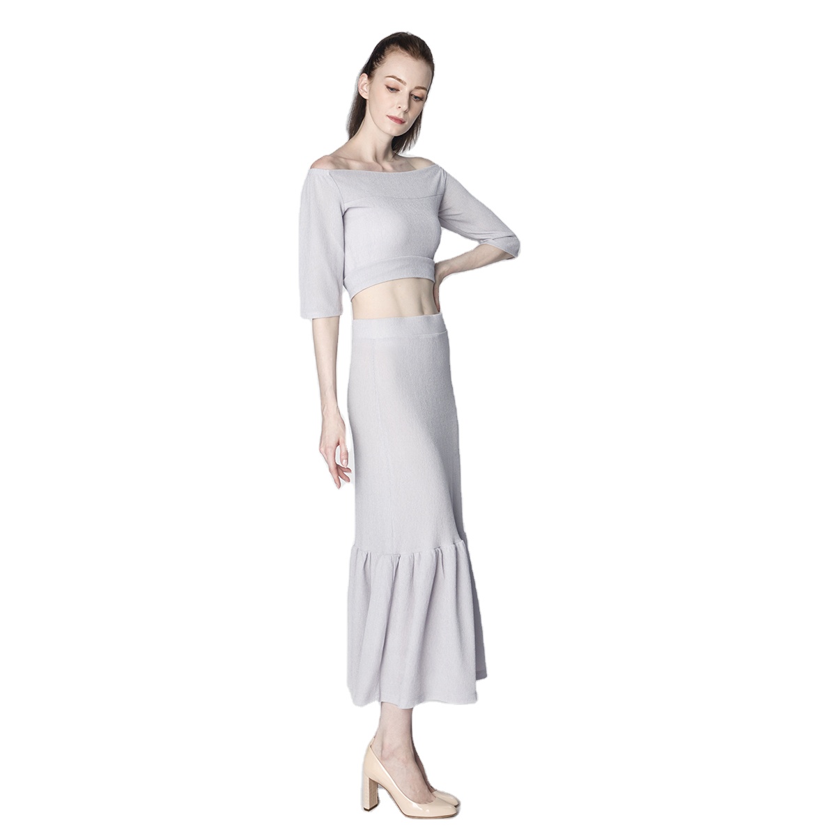 LADIES CASUAL FASHION ELASTIC WAISTBAND RUFFLER LONG SKIRT WITH STRAPLESS SHORT SLEEVE SHIRT(21109set)