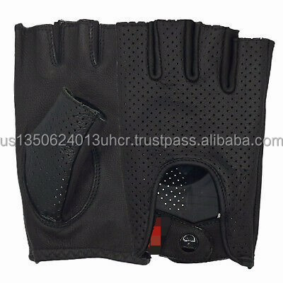UNIQUE DESIGN BLACK COLOR Leather Driving Fingerless Gloves Biker Cycling Wheelchair Gym Padded Gloves BUTTON STRAP