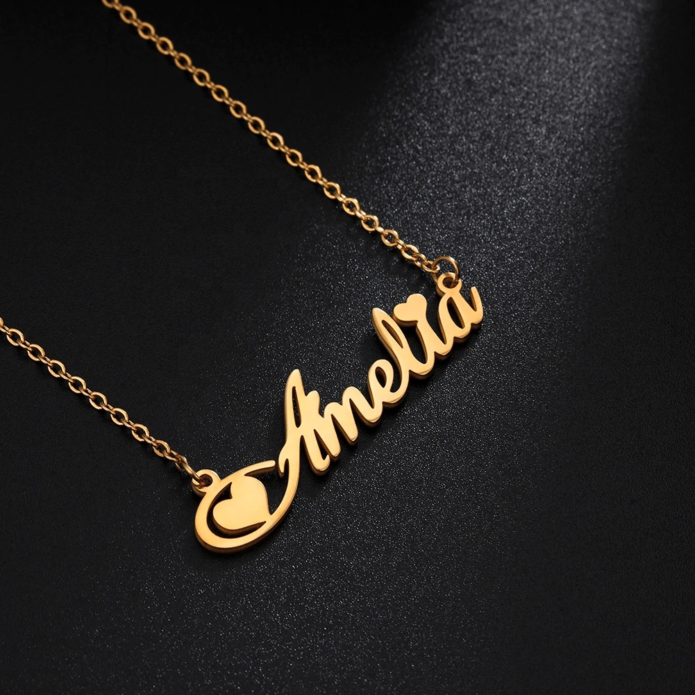 Pretty Heart Name Necklace Personalized Nameplate 14K gold plate 18K Custom Girl Women Jewelry