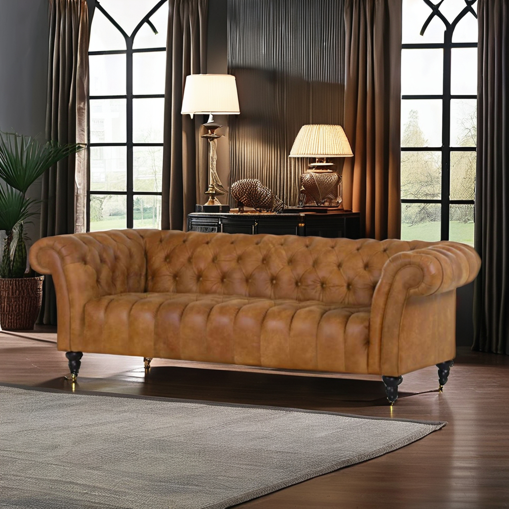 New European-Style Chesterfield Genuine Leather Sofa Set Solid Wood Base Living Room Furniture for Home Decor Use