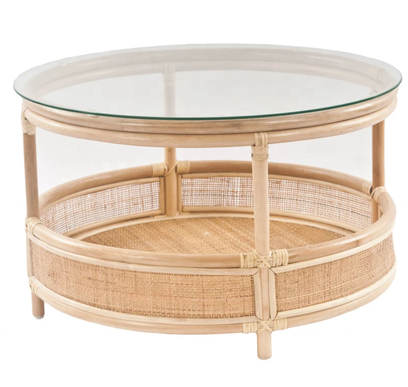 Wholesale new natural living room rattan furniture rattan coffee table with glass top