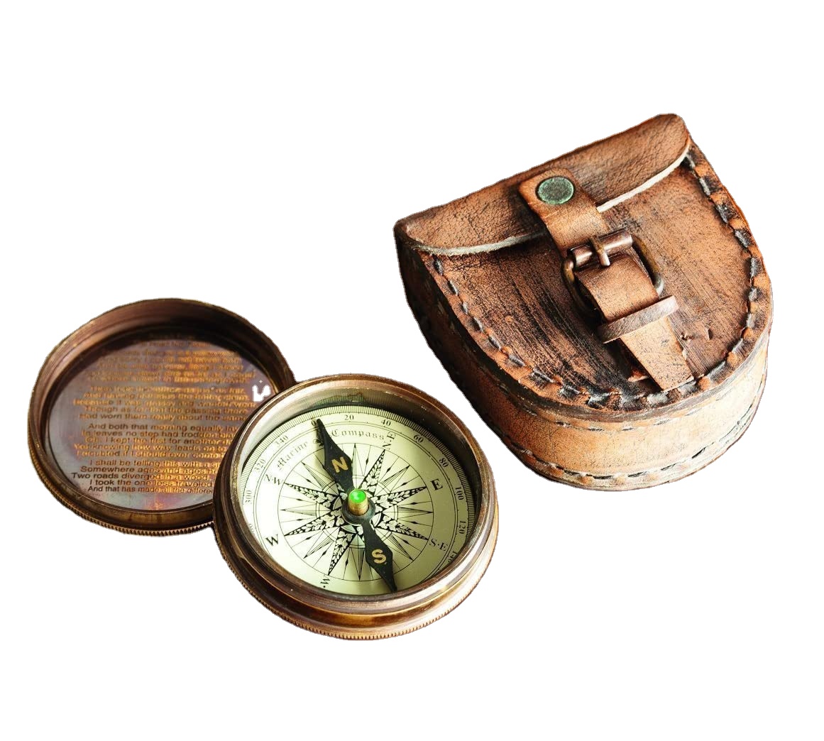 Antiqued Brass Poem Hiking Compass with Leather Case Collectible Usable Decorative Item