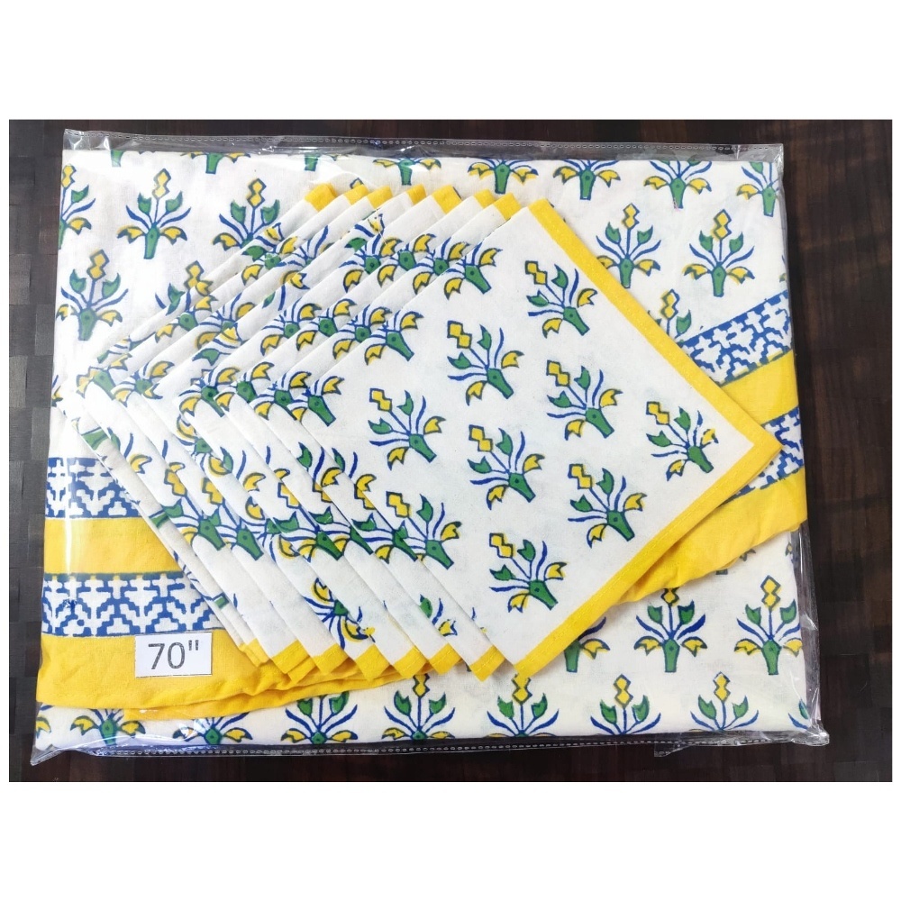 Floral Indian Cotton Hand Block Printed Cotton 70 Round Table Cloth With 8 Napkin Cotton Hand Block Printed Home And Party Use