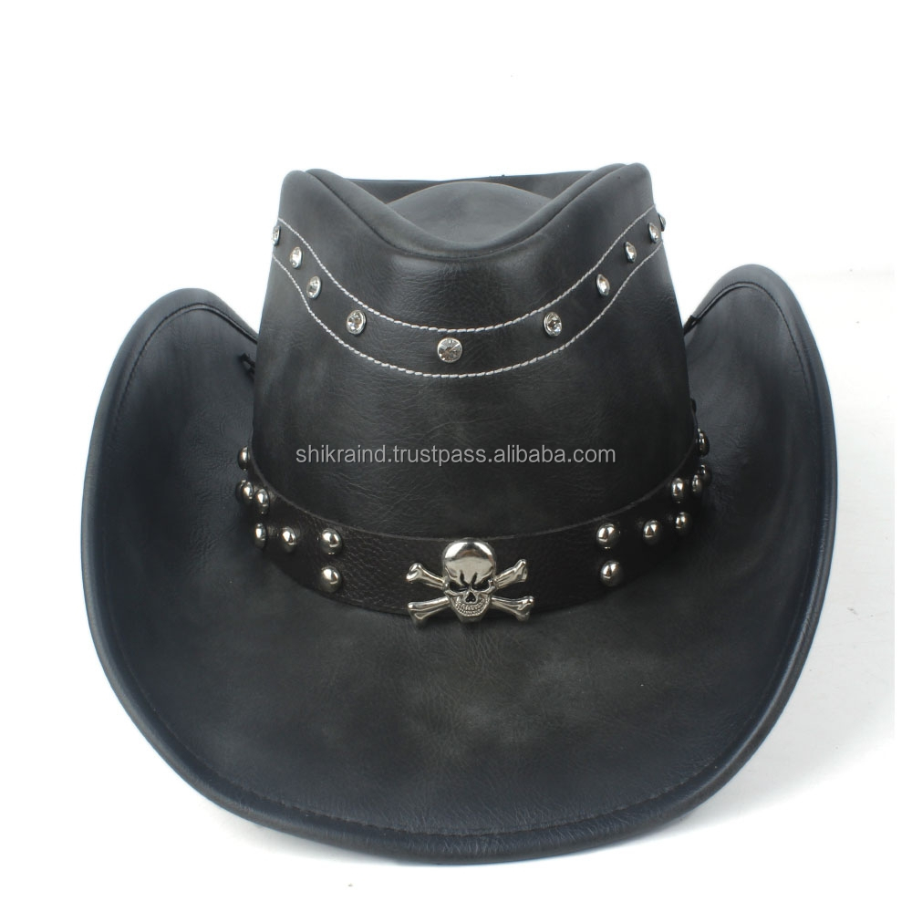 Hot Sale 100_ Leather Black Men Western Cowboy Hat For Gentleman Dad Cowboy Sombrero Homb leather cap