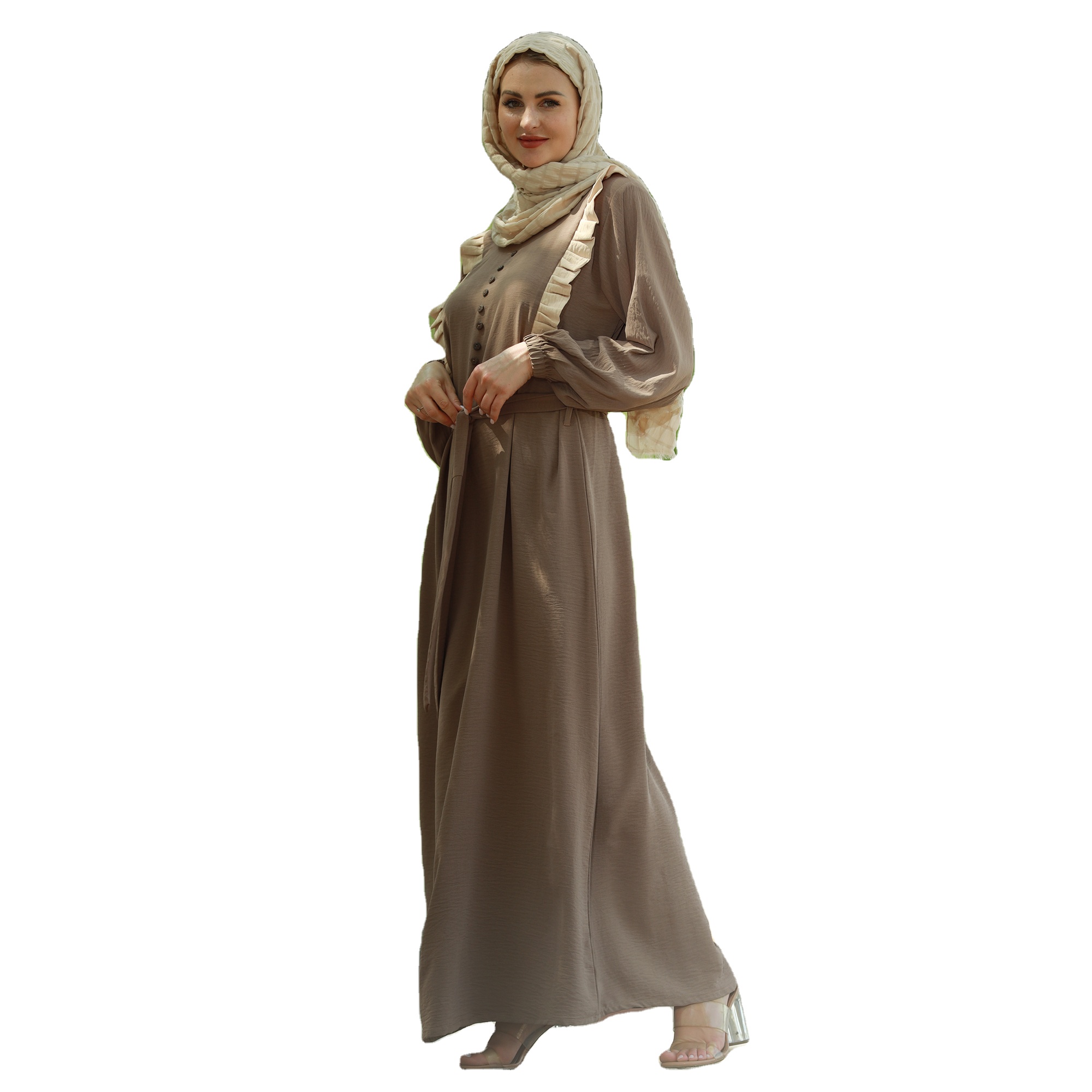 Brown Bulk Modest Dress with Frill Work and Show Button Featuring a Front Belt Traditional Muslim Clothing and Accessories