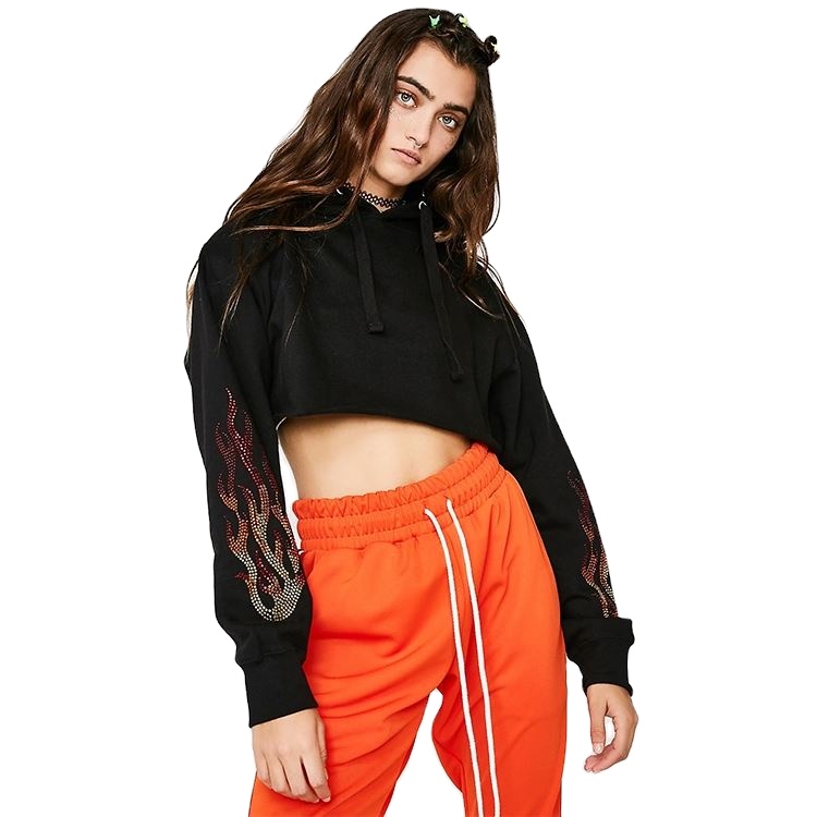 Custom printed cotton summer Lady pullover hoodies women long sleeve crop top customized logo cotton