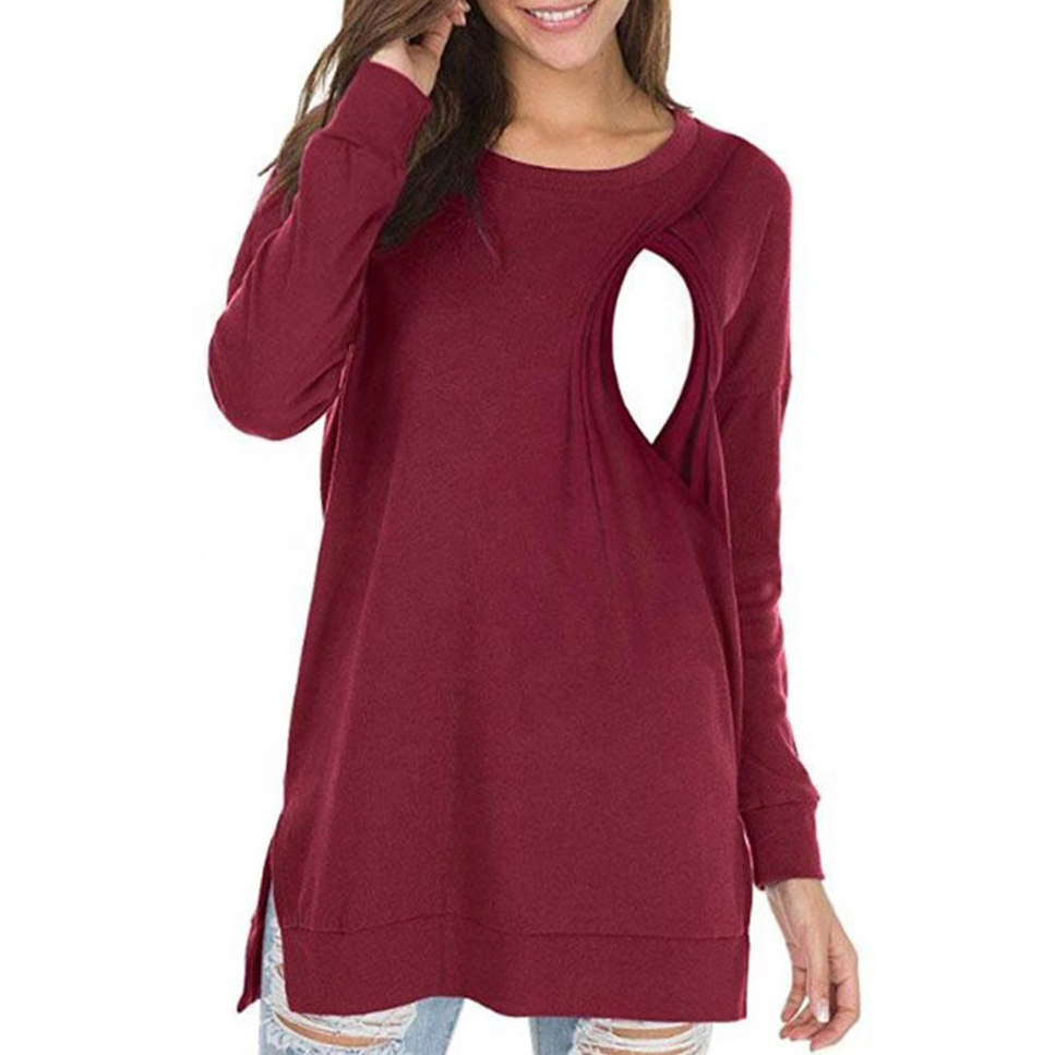 OEM Customising Embroidery Women's Maternity Breastfeeding Dress Long Sleeve Casual Nursing Pullover O-Neck Tops T-shirt