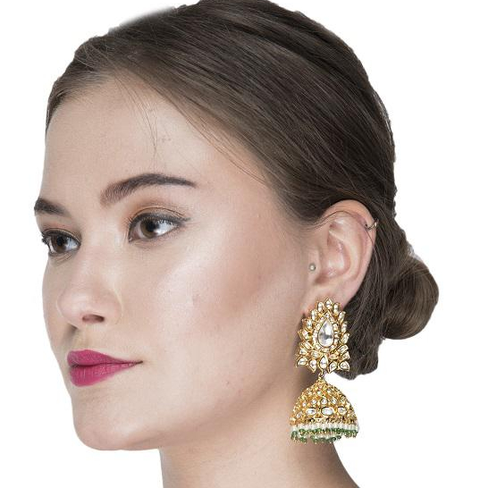 Handmade Indian 22KT Gold Plated Pearl Drops Kundan Jhumka Earrings (Brinco) For Women Whatsapp - (9811967977)