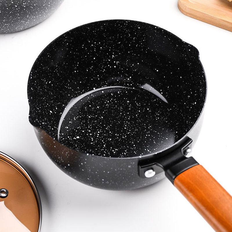 2021 new pressing popular kitchen cookware soup glass cover wood pattern cheap marble non stick sauce pan