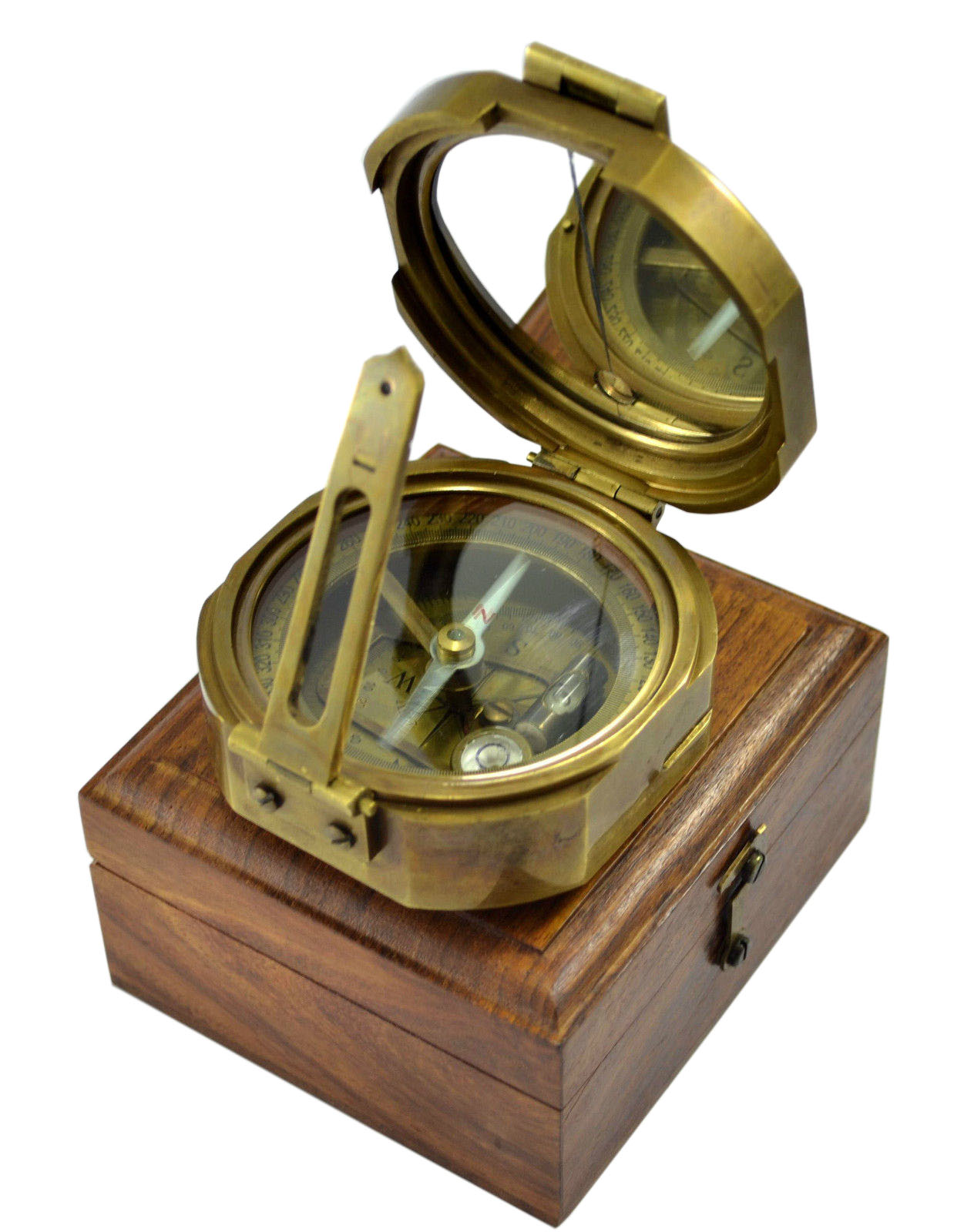 Brass Compass,ROYAL NAVY 1920 LONDON BRASS ANTIQUE BRUNTON COMPASS WITH WOODEN BOX - 3 INCH