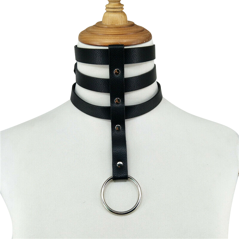 Women's Leather Harness 3-Layer Choker Neck Strap Goth Punk Garter Belts