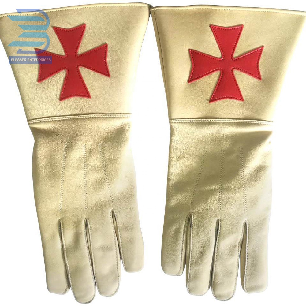 Masonic Glove Knight of Malta Khaki Color Gauntlets Red Maltese Cross Soft Leather Gloves