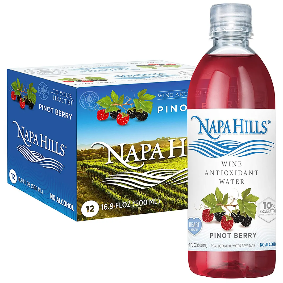 Natural Flavored Napa Hills Wine Antioxidant Berry Flavored Non Alcoholic Resveratrol Enriched Drink Pinot Berry 12 Pack