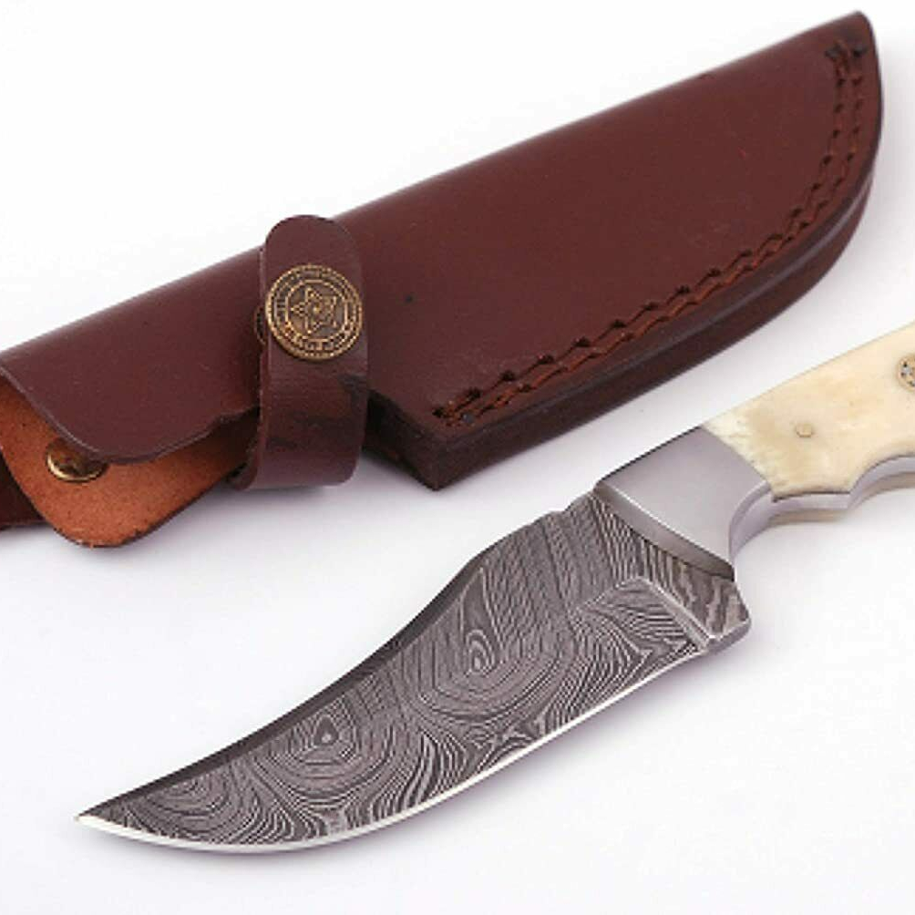 Damascus Custom Handmade Skinner Knife With Bone And Black Buffalo Handle