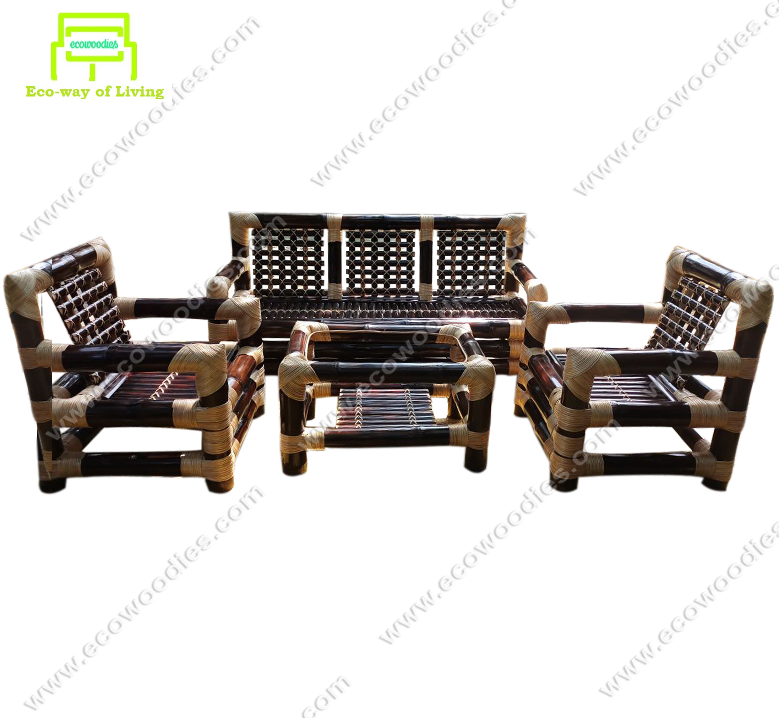 Bamboo Modern 5-Seat Sofa Set with Center Table - Eco-Friendly, Handcrafted from Sustainable Bamboo Logs