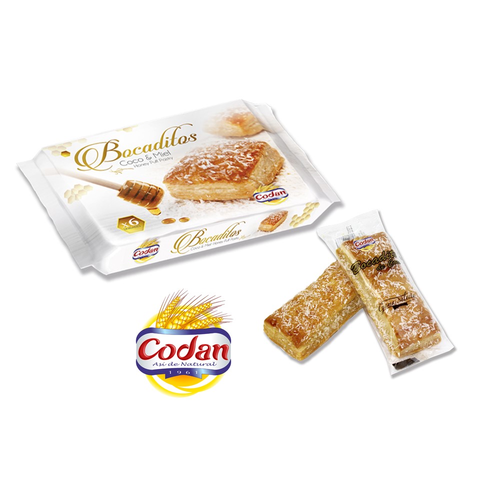 "BOCADITO COCO" - Exquisite puff pastry coated with honey syrup and decorated with coconut topping