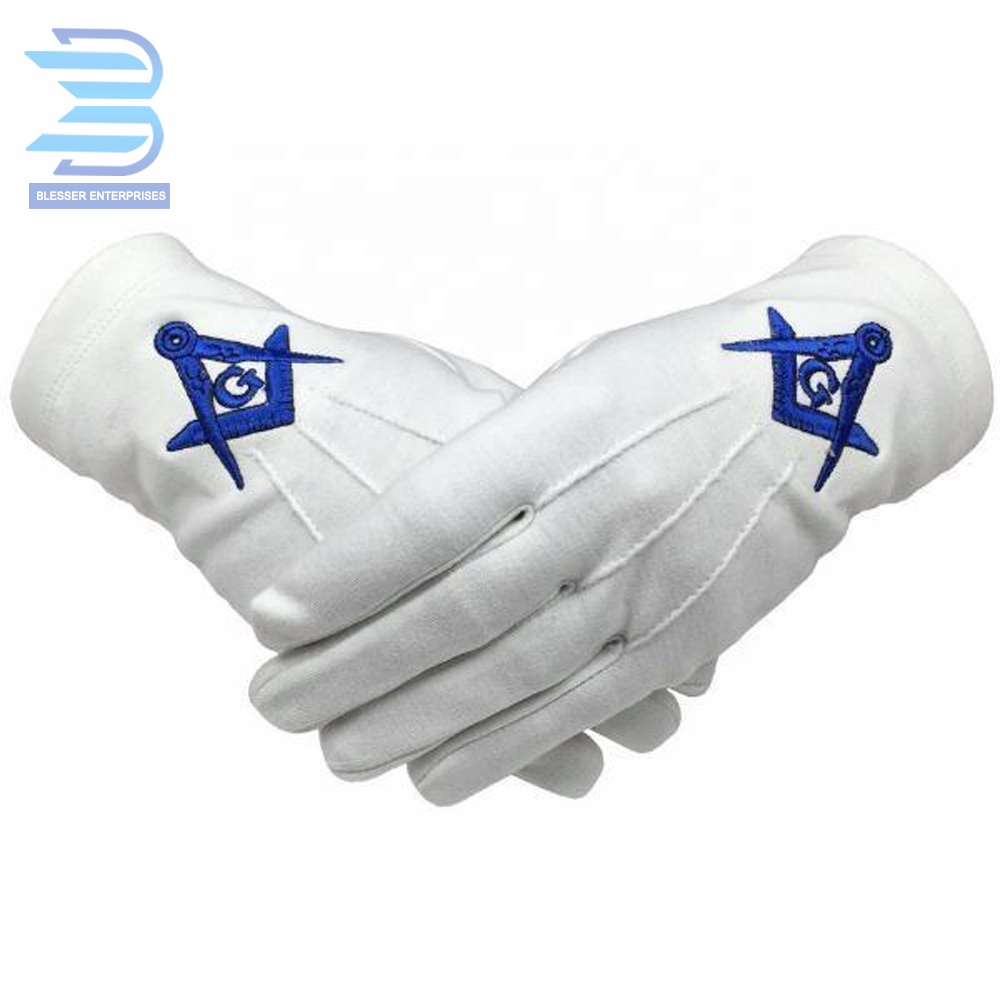 Bulk Price 100% Cotton White Custom Masonic Logo Masonic Glove 100% Cotton Gloves Square Compass & G Blue Machine Embroidery