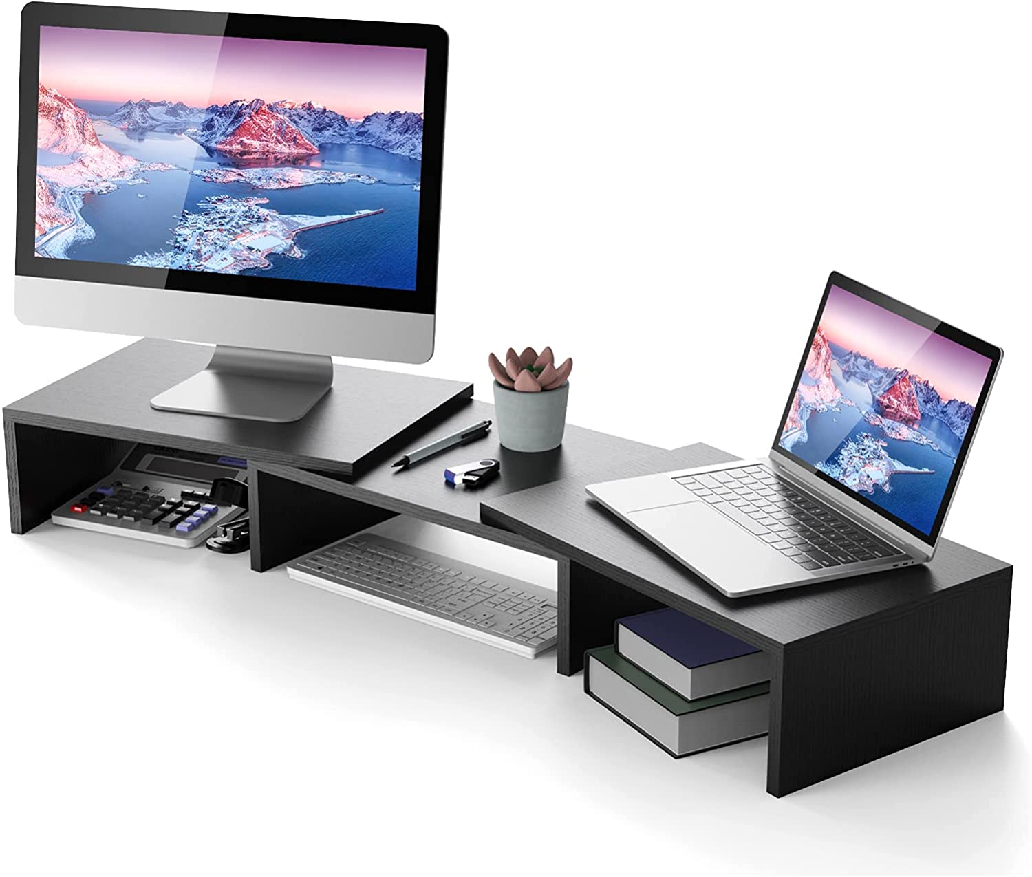 ATUMTEK Storage Rack Wooden Frame Adjustable Monitor Stand Riser for Computer Screen Laptop Printer