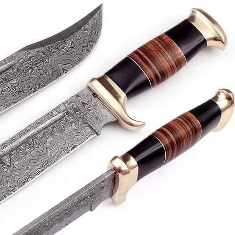 Damascus Custom Handmade Bowie Knife With Leather Handle Blade Materiel