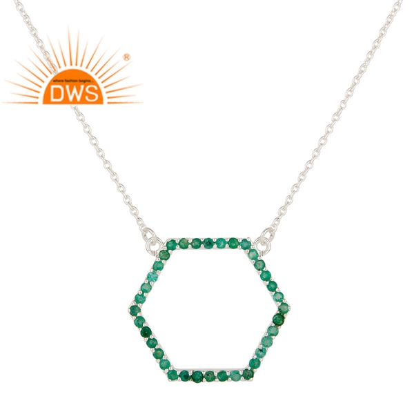 Natural Emerald Gemstone Open Hexagon High Quality 925 Sterling Silver Pendant With Chain Jewelry Wholesaler