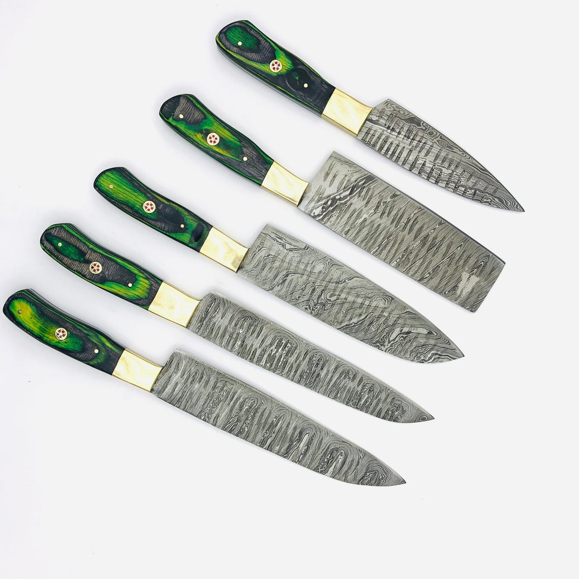 Custom Handmade Damascus Chef Set Of 5pcs with Leather Cover.