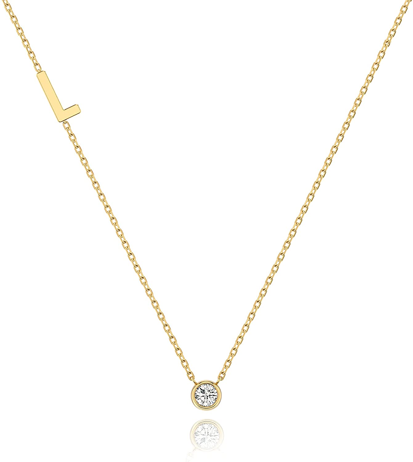Sideways Initial Letter Pendant Necklace With Crystal Cubic Zirconia, 14+2" Premium Stainless Steel 14K Gold Plated