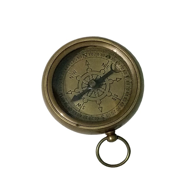 Brass Compass, ANTIQUE BRASS FLAT COMPASS - 2 INCH