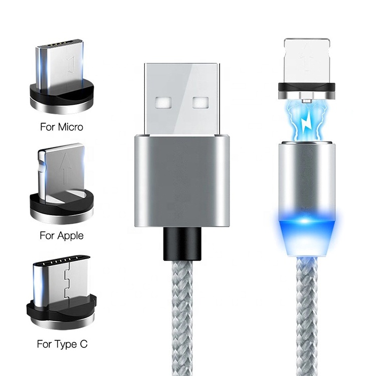 Оптовая продажа, магнитный светодиодный USB-кабель для быстрой зарядки мобильных телефонов Lighting 8P/Type-C/Micro, кабели передачи данных для телефонов 3 в 1
