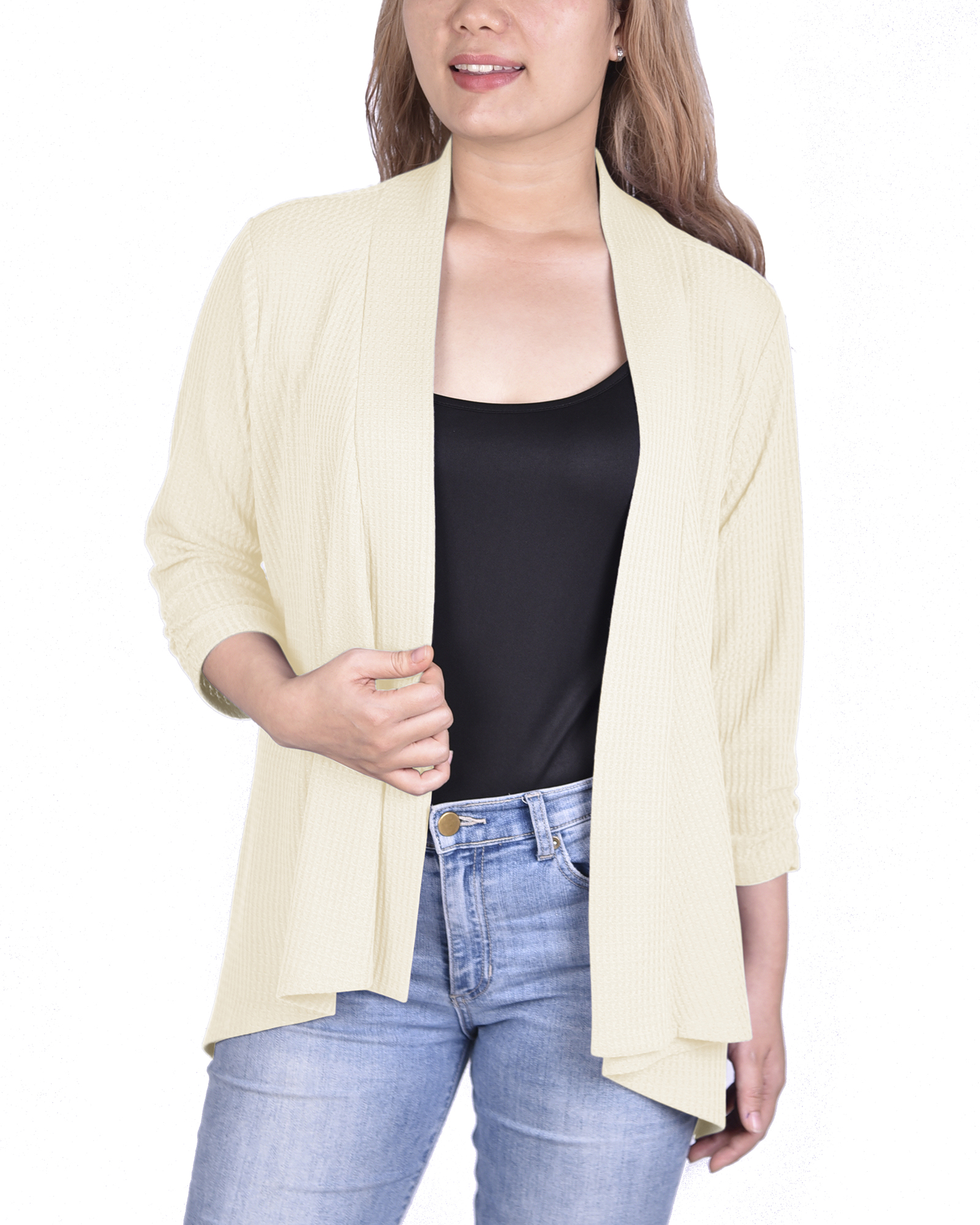 3/4 Sleeve Open Front Waffle Weave Cardigan Pristine