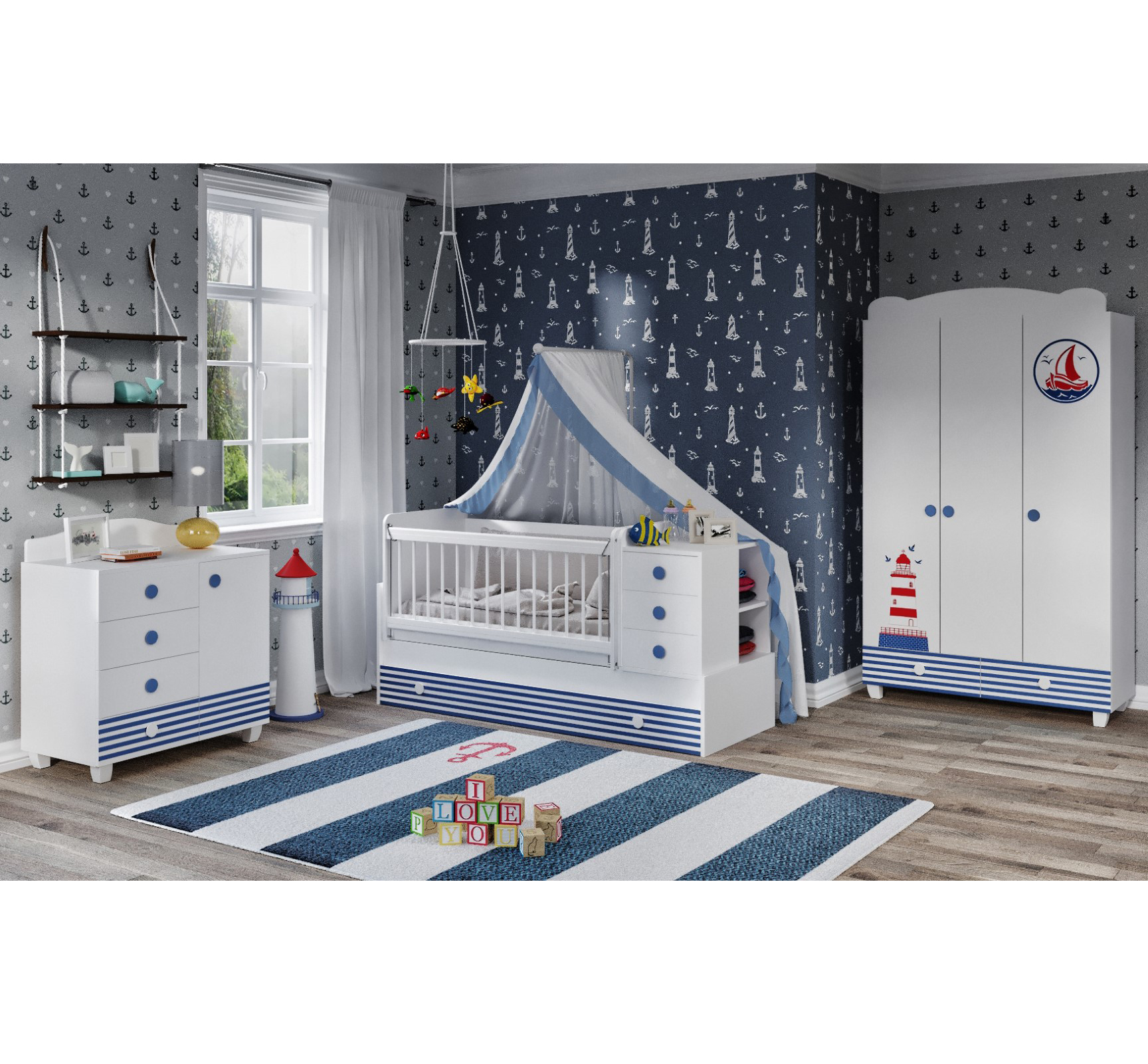 % 100 MDF Aqua Marine Convertible Baby Room набор с родительской кроватью и качели