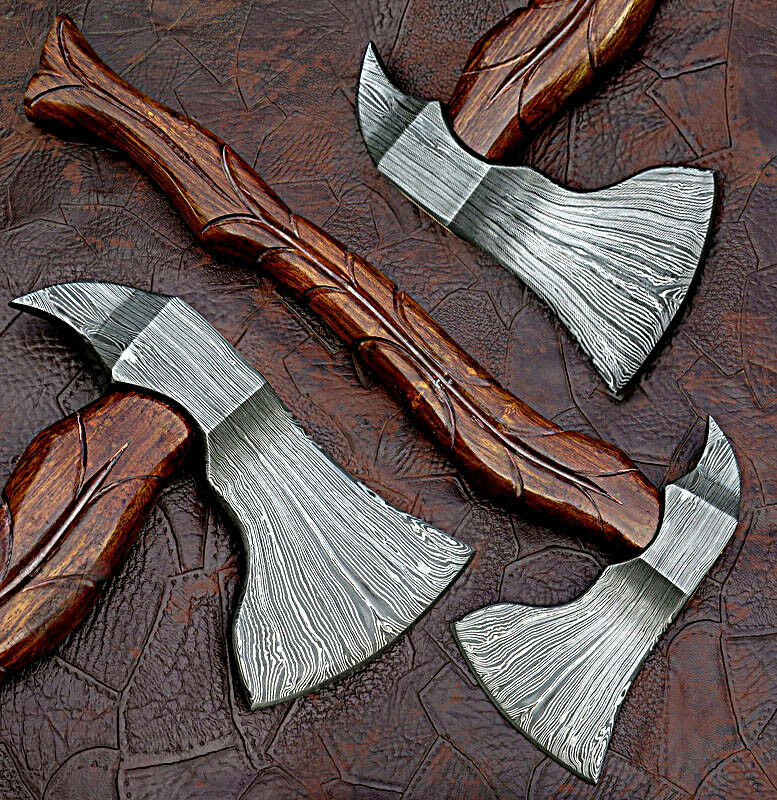 CUSTOM HAND MADE DAMASCUS STEEL TOMAHAWK HATCHET AXE - HANDLE ROSE WOOD